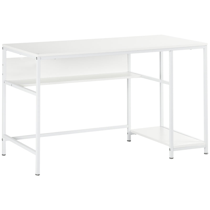 White Home Office Desk with Storage, 120 x 60cm, 2 Shelves, Steel Frame