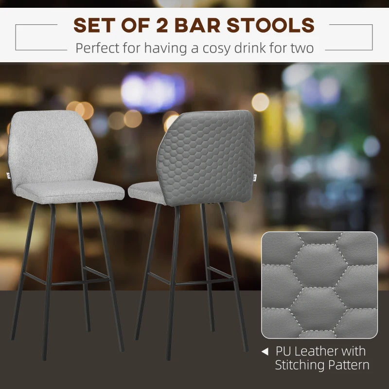 Light Grey Upholstered Bar Stools Set of 2 with Backs and Steel Legs