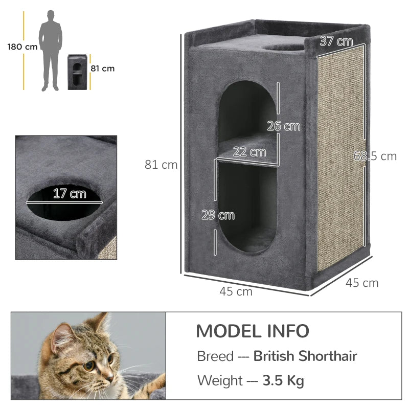 Grey Cat Scratching Barrel with Two Houses for Indoor Cats - 81cm