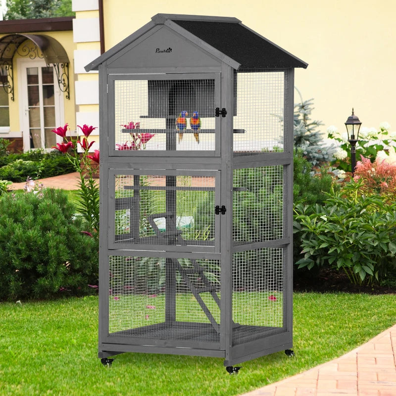 Mobile Wooden Bird Aviary Cage for Small Birds - Dark Grey