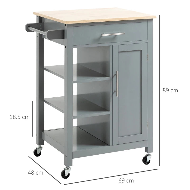 Grey Kitchen Utility Cart with Open Shelf & Drawer