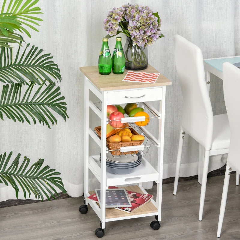White Rolling Kitchen Island Trolley with Metal Baskets and Shelves