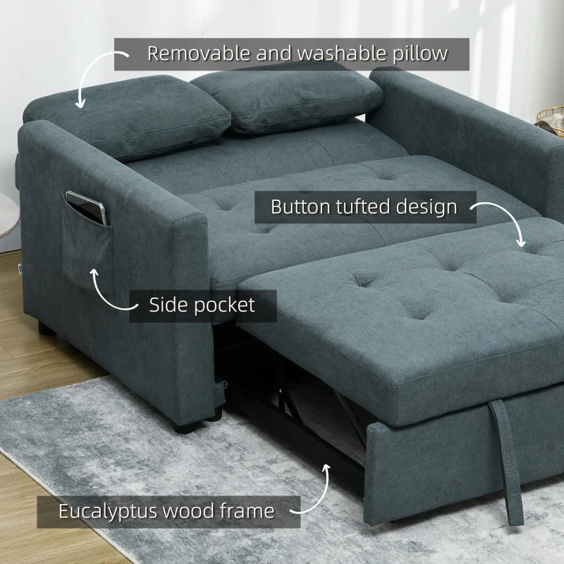 Charcoal Grey Convertible Loveseat Sofa Bed with Cushions and Side Pockets