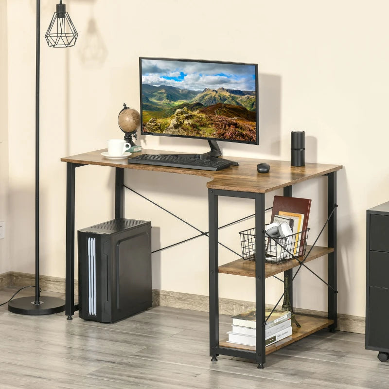 Rustic Brown L-Shaped Corner Desk with Bookshelf - Home Office Workstation
