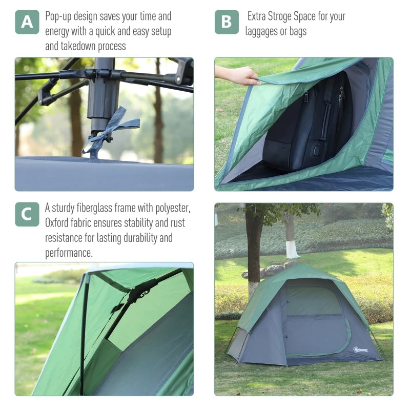 Green Fibreglass Frame Camping Tent for 3-4 People