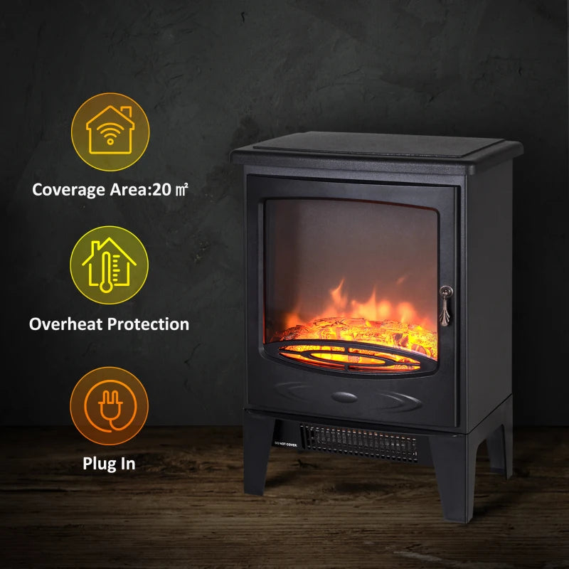 Black Glass Electric Fireplace Heater with Artificial Flame Effect