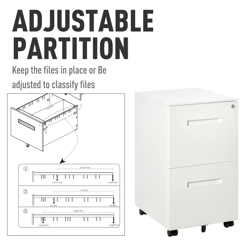 White 2-Drawer Vertical File Cabinet with Lock, Adjustable Partition - A4/Letter Size