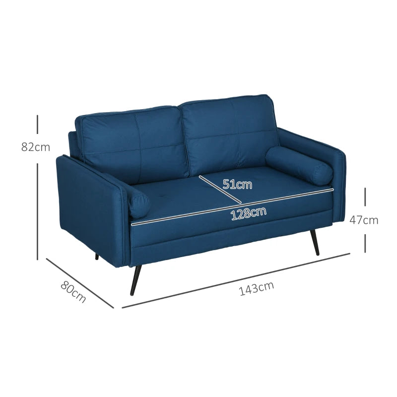 Blue Upholstered 2 Seater Loveseat Sofa with Back Cushions and Pillows