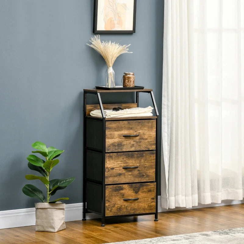Rustic Brown Fabric Chest of Drawers with Display Shelves