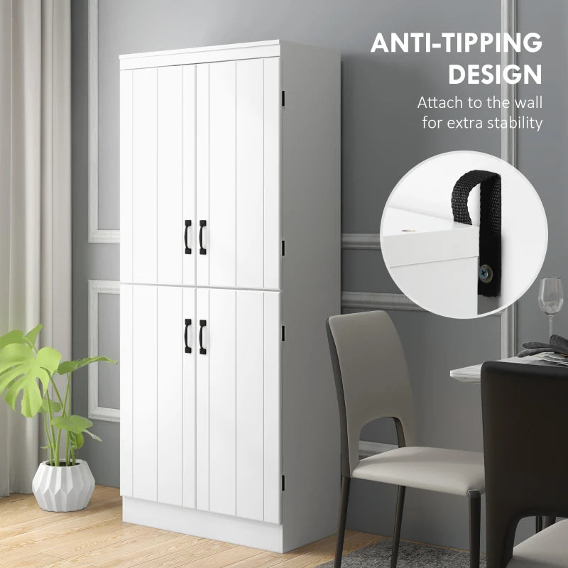 White 4-Door Tall Kitchen Cupboard with 6-Tier Storage