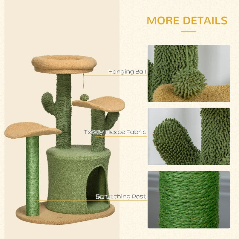 Green Cactus Cat Tree with Teddy Fleece House & Scratching Post