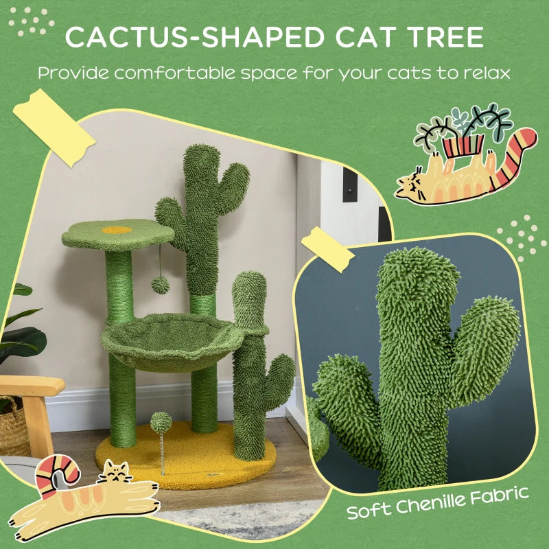 Green Chenille Cactus Cat Tree - 82cm Height with Scratching Post & Hammock