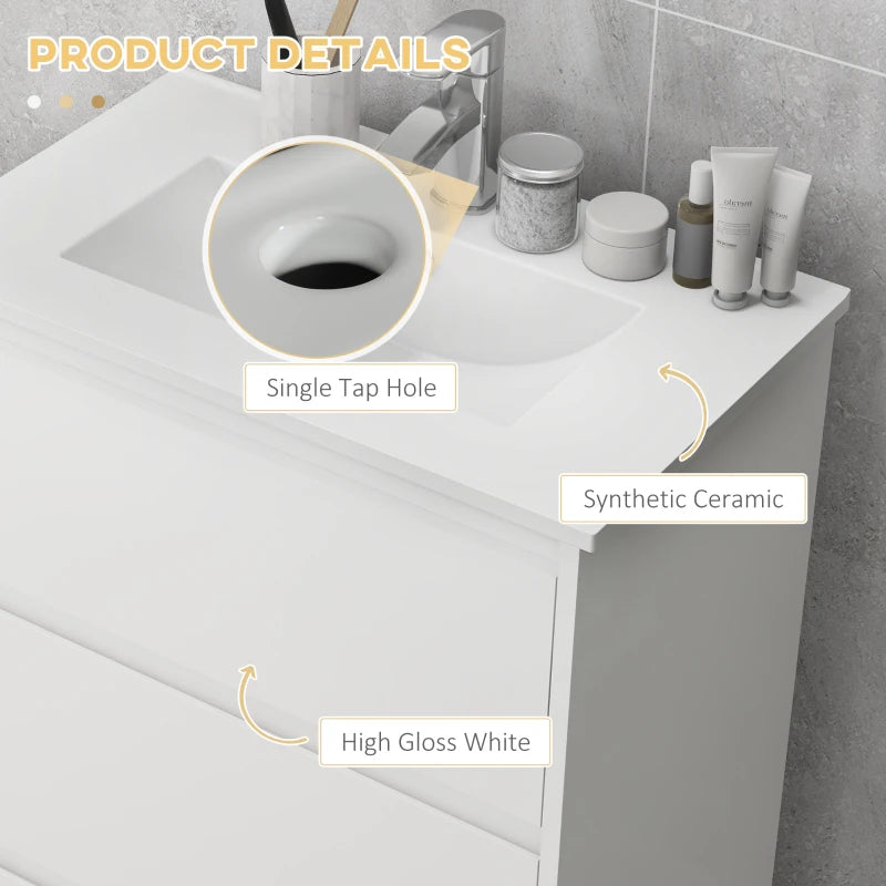 White Gloss Bathroom Vanity Unit with Basin & Single Tap Hole, 2 Drawers