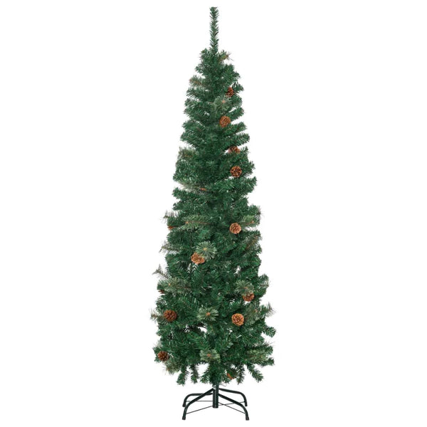 5.5FT Tall Slim Green Christmas Tree with Realistic Branches and Pine Cones