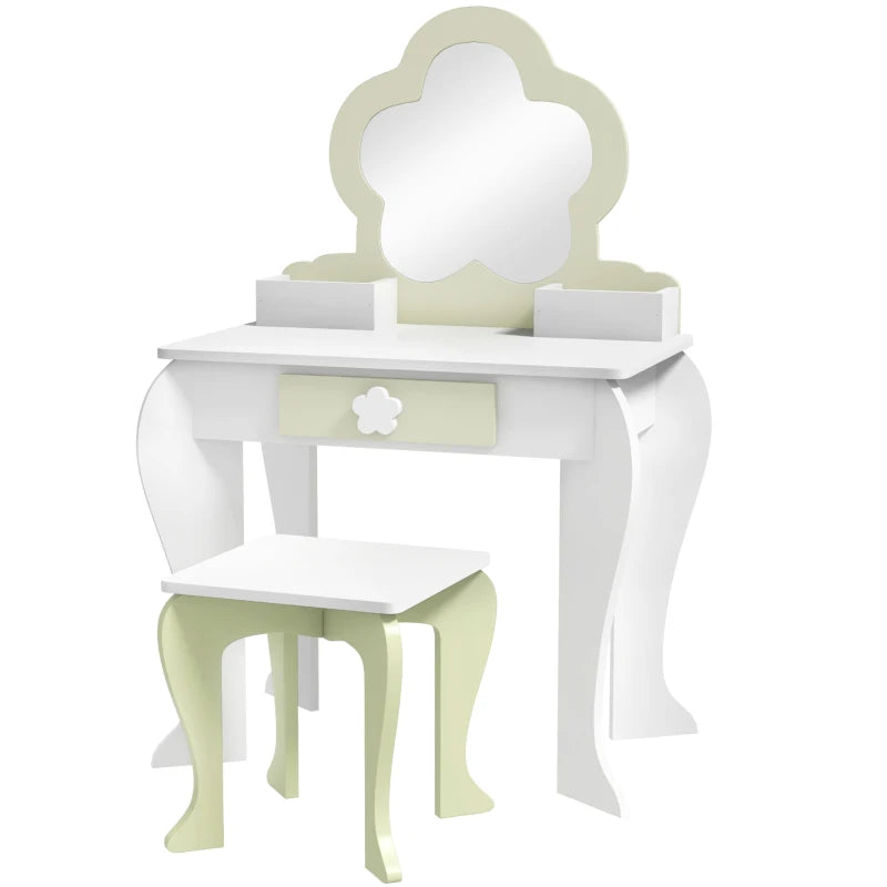 Kids White Vanity Table Set with Mirror, Stool, Drawer, and Flower Design