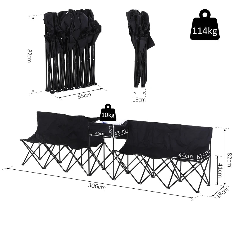 Black 6-Seater Folding Steel Camping Bench with Cooler Bag