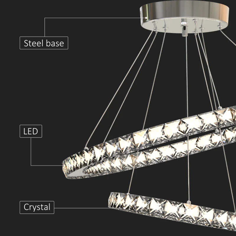 Silver LED Crystal Ring Chandelier - Dimmable Pendant Light with Remote Control