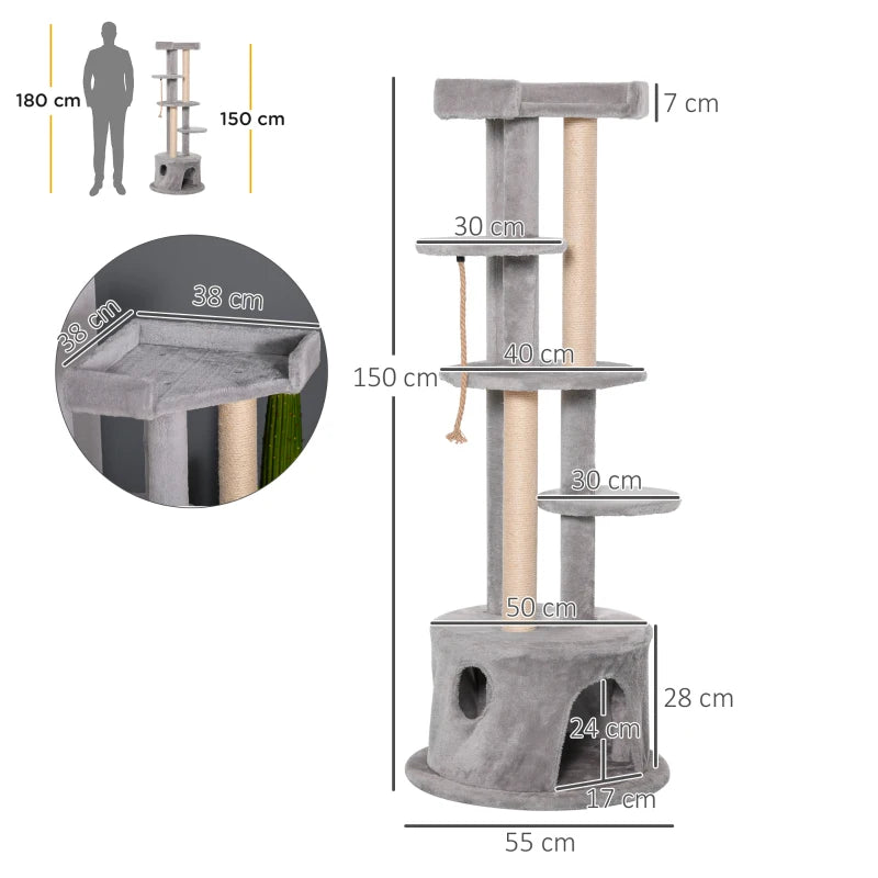 Grey Cat Tree Tower with Scratching Post and Plush Perches