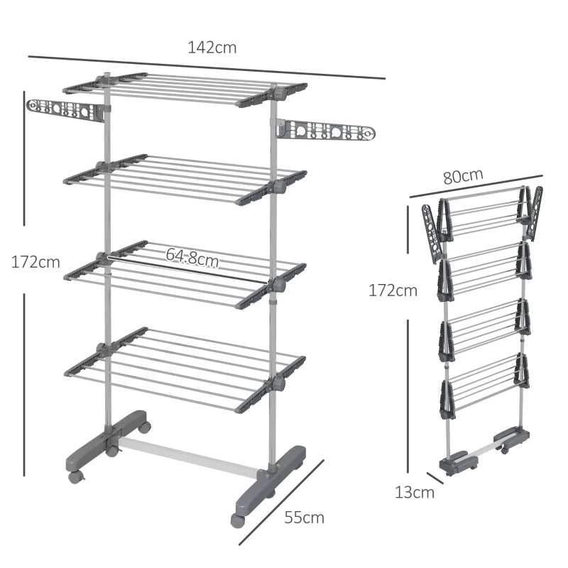 Grey 4-Shelf Folding Clothes Drying Rack with Side Arms and Wheels