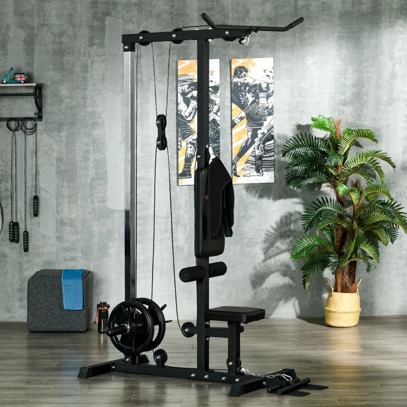 Black Pull Up Power Tower with Adjustable Seat - Home Gym Fitness Equipment