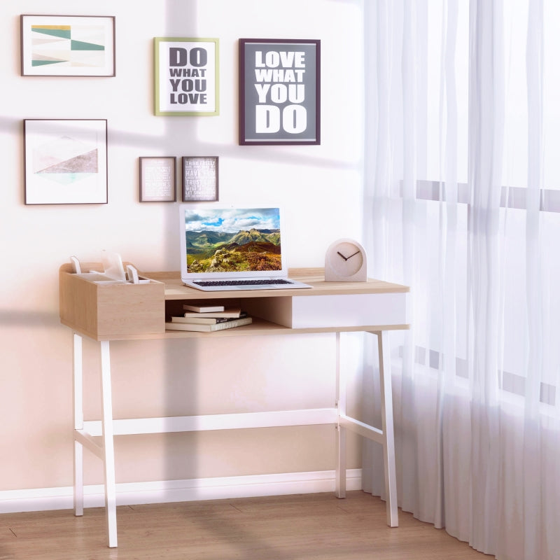 Oak and White Computer Writing Desk with Drawer and Storage Compartments