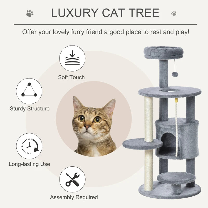 Dark Grey Cat Tree Tower with Toy Ball and Teasing Rope