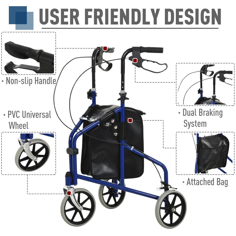 Blue/Black Foldable 3-Wheel Rollator with Bag