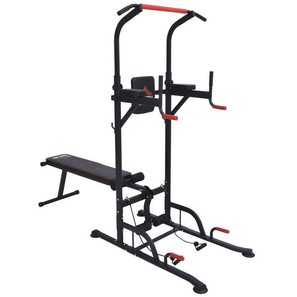 Black Multifunction Home Workout Power Tower with Sit-up Bench and Push-up Bars