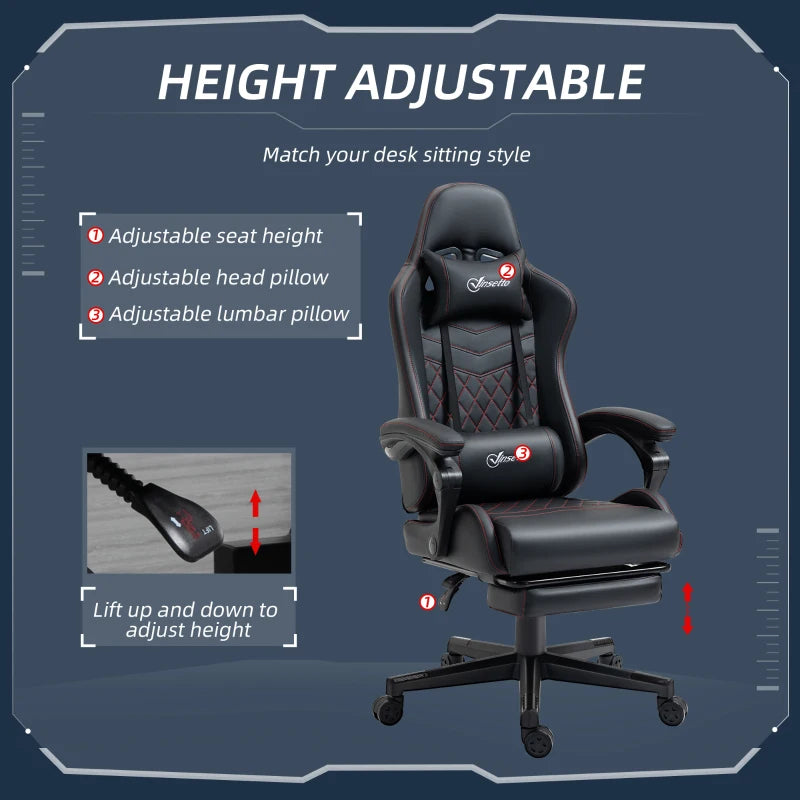 Black Red Racing Gaming Chair with Footrest and Swivel Wheel