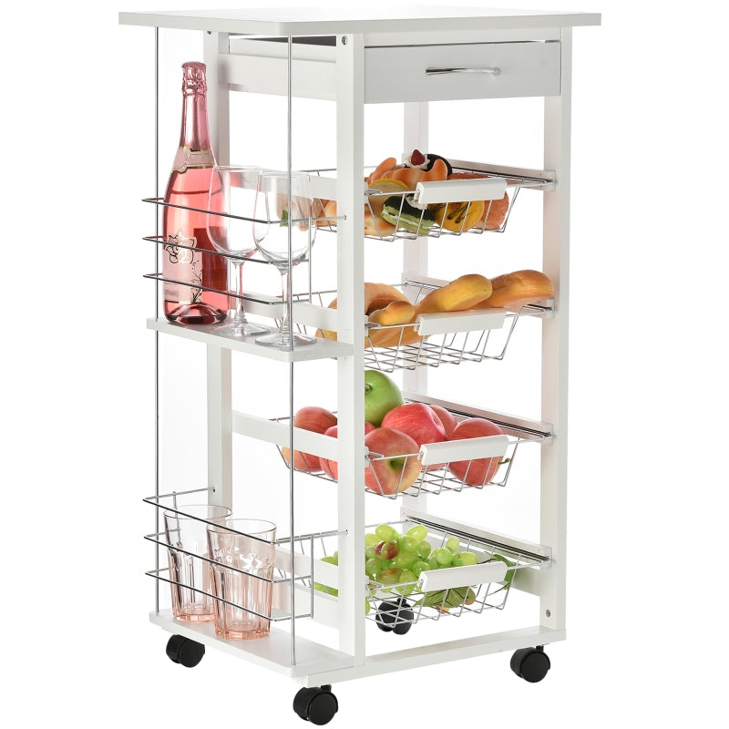 White Rolling Kitchen Cart with 4 Basket Drawers & Side Racks