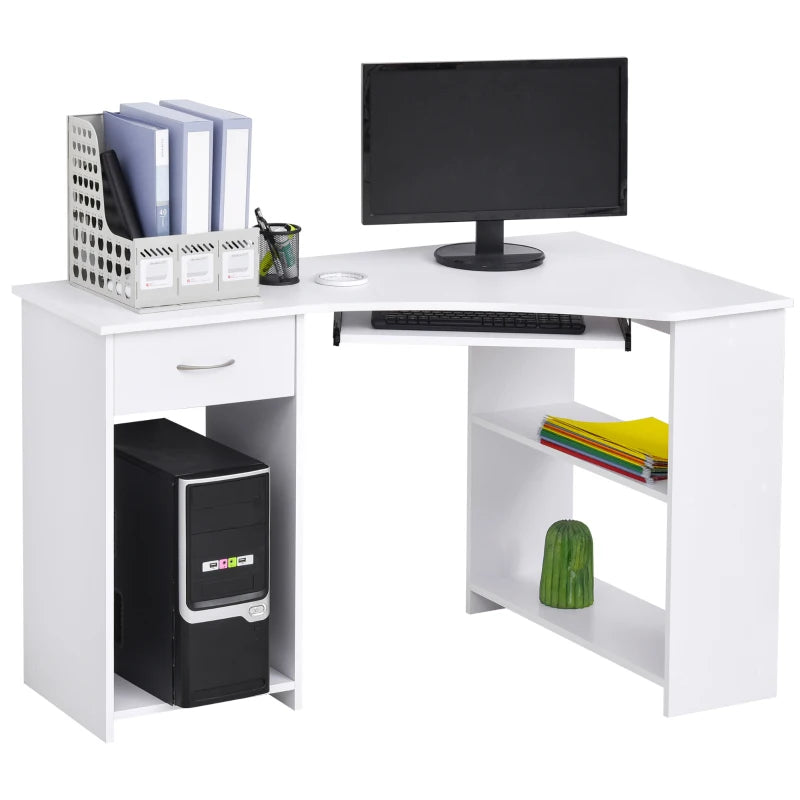 White L-Shaped Computer Desk with Shelves & Drawer