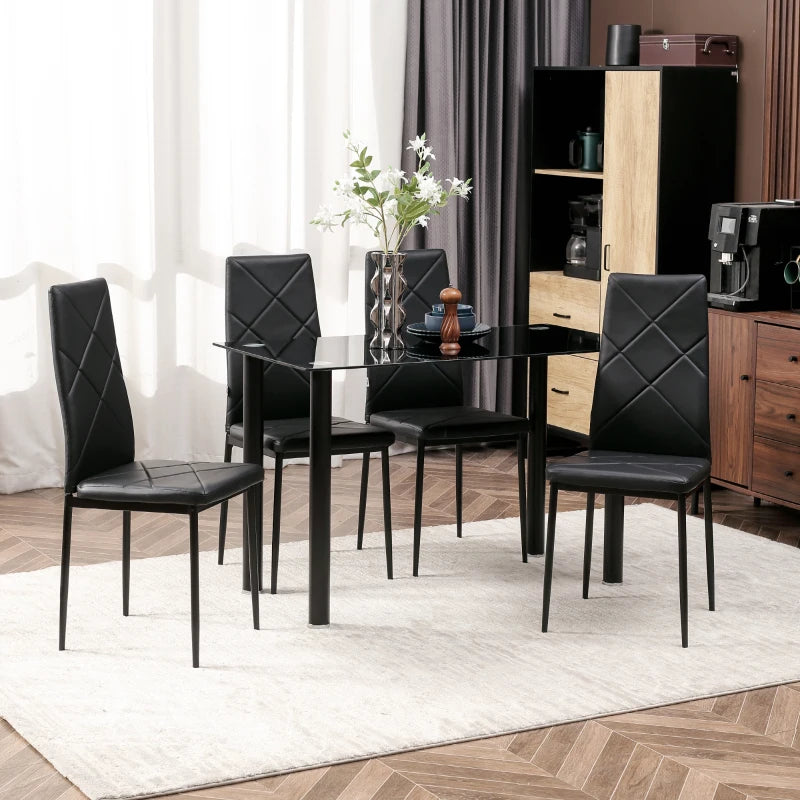 Black 4-Seater Dining Set with Glass Tabletop and Steel Frame