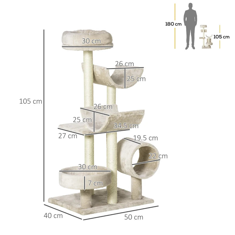 Beige Cat Tree Activity Center with Tunnel - 105cm Tall