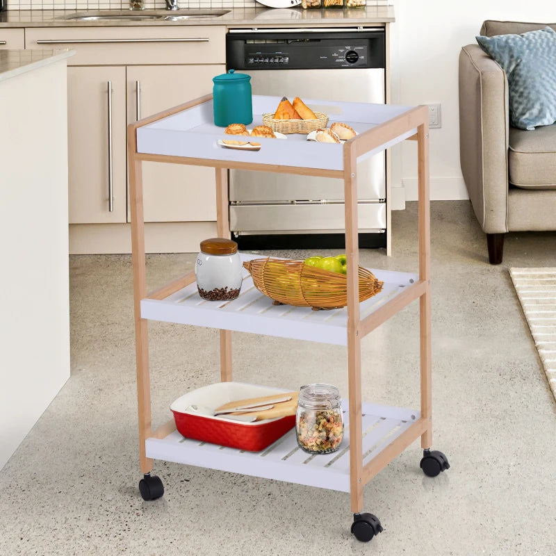 White 3-Tier Mobile Kitchen Trolley Cart with Rolling Wheels - 46 x 35 x 74.5 cm