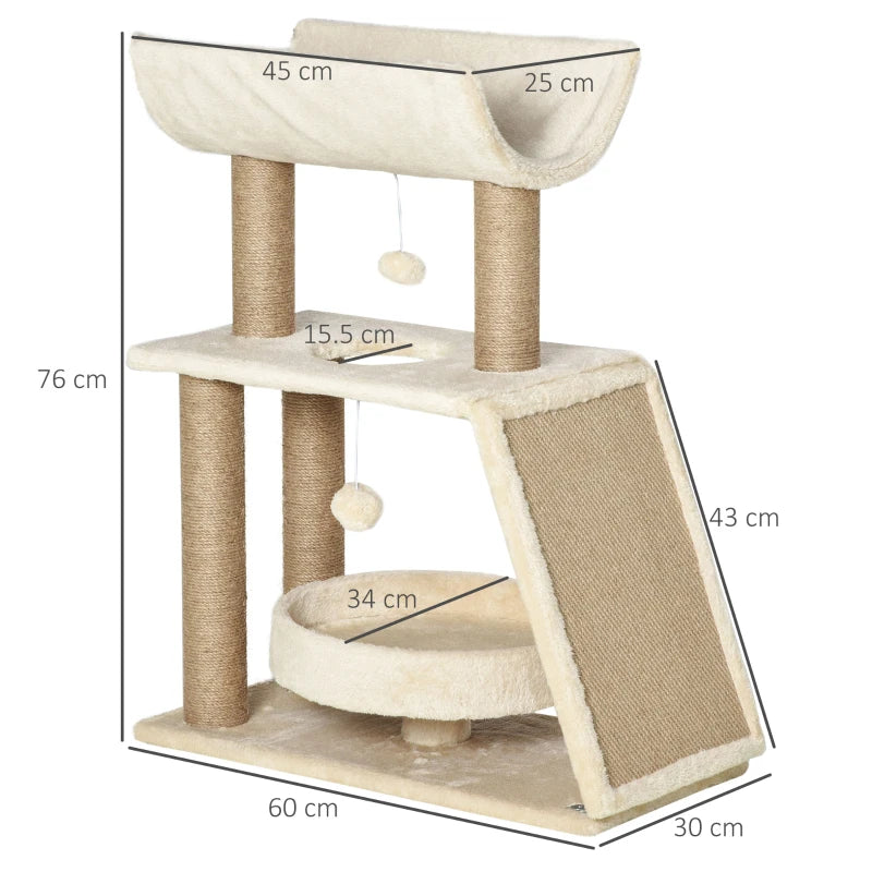 Cat Tree with Scratching Posts, Pad, Bed, Perch & Ball - Light Brown