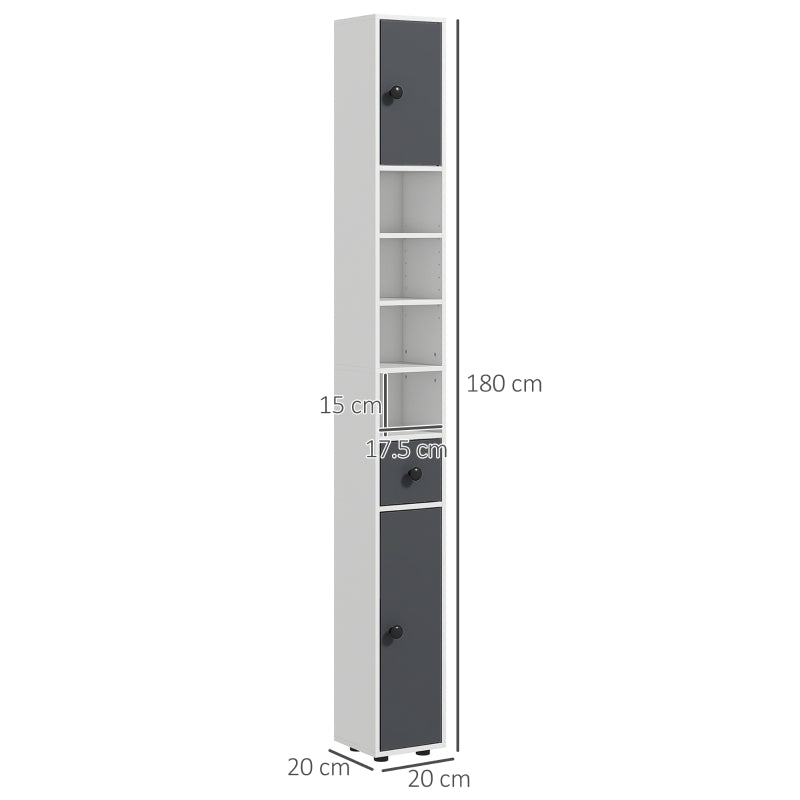 Grey 180cm Slim Bathroom Storage Cabinet with Drawer, Shelves, and Cupboards