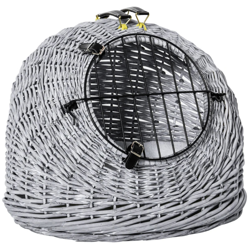 Grey Wicker Pet Carrier Basket with Soft Cushion Handle - 50 x 40 x 40 cm