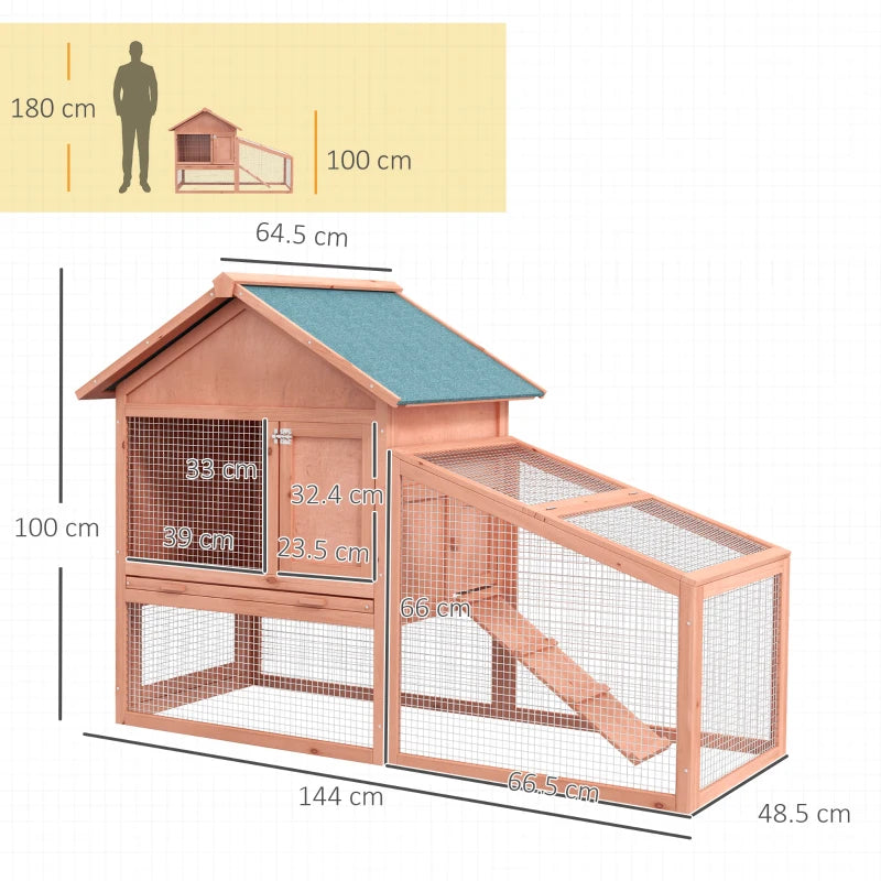 Wooden Outdoor Rabbit Hutch with Ramp and Sliding Tray - Brown - 144 x 64.5 x 100 cm