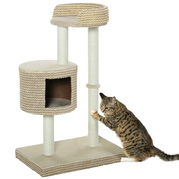 Beige Cat Tree Tower with Scratching Posts and Perch