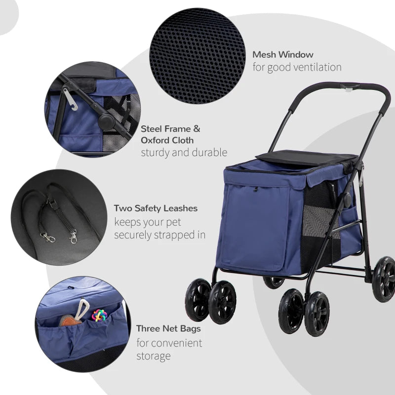 Foldable Pet Stroller with Cushion and Storage Bags, Dark Blue