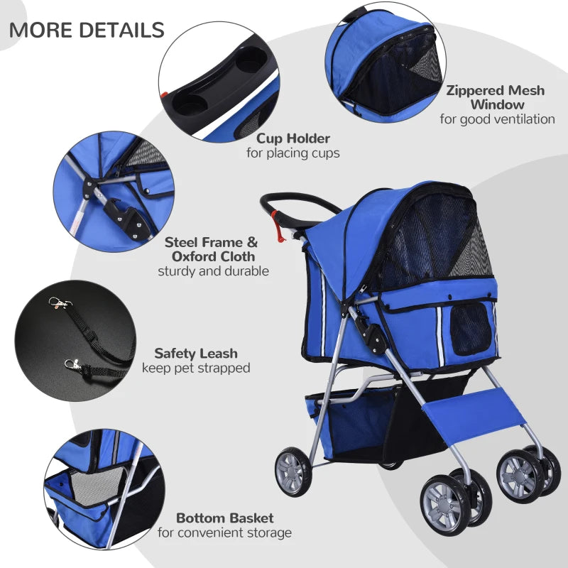 Blue Pet Stroller for Small Pets - Foldable Travel Carriage