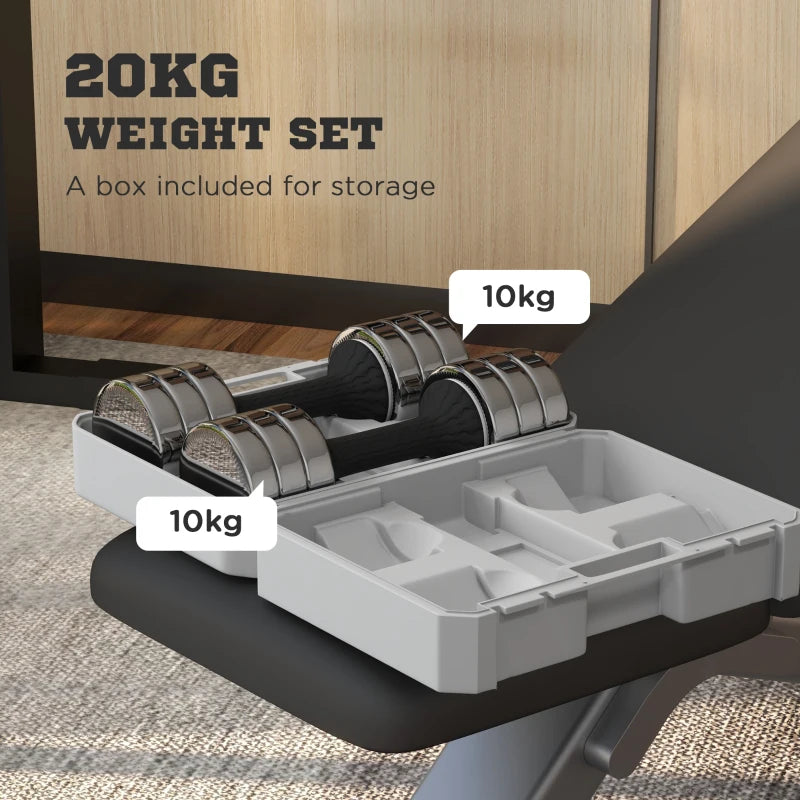 Adjustable 10kg x 2 Dumbbells Set with Storage Box - Black