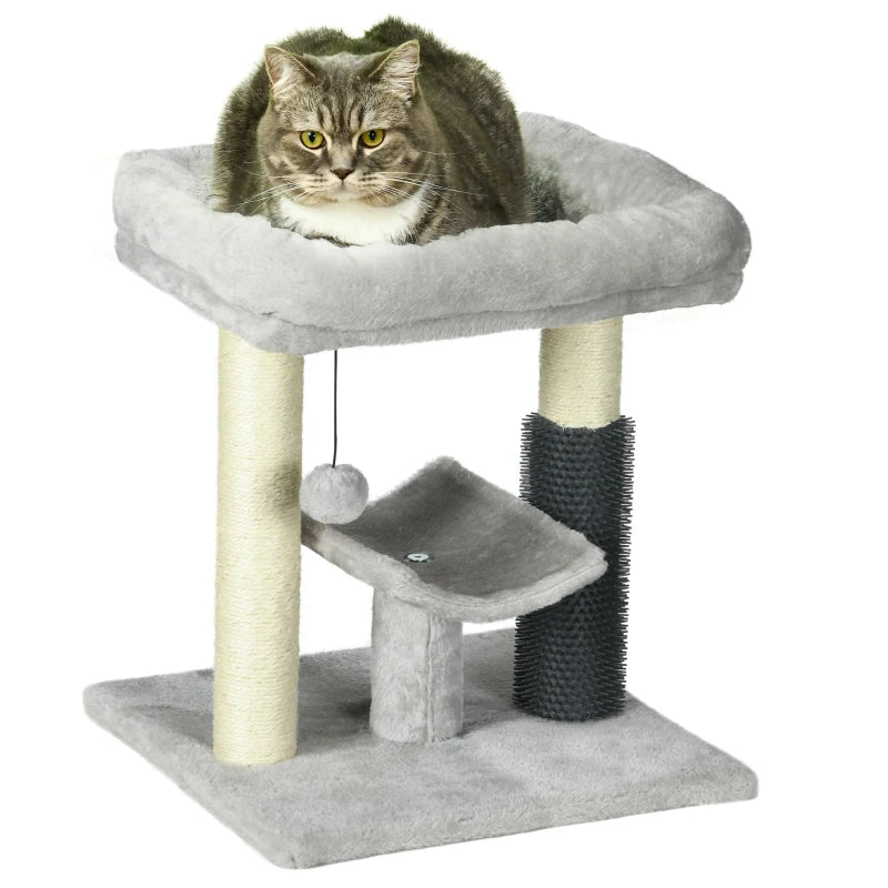 Grey Cat Tree with Scratching Posts, Bed, Perch, Self Groomer, Toy - 48cm