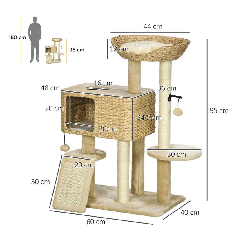 Beige Cat Tree Tower with Scratching Post and Toy Ball