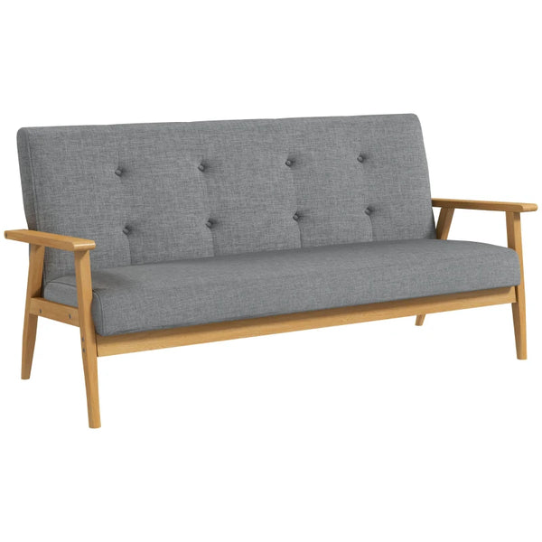 Dark Grey 3-Seat Linen Fabric Tufted Sofa with Rubberwood Legs