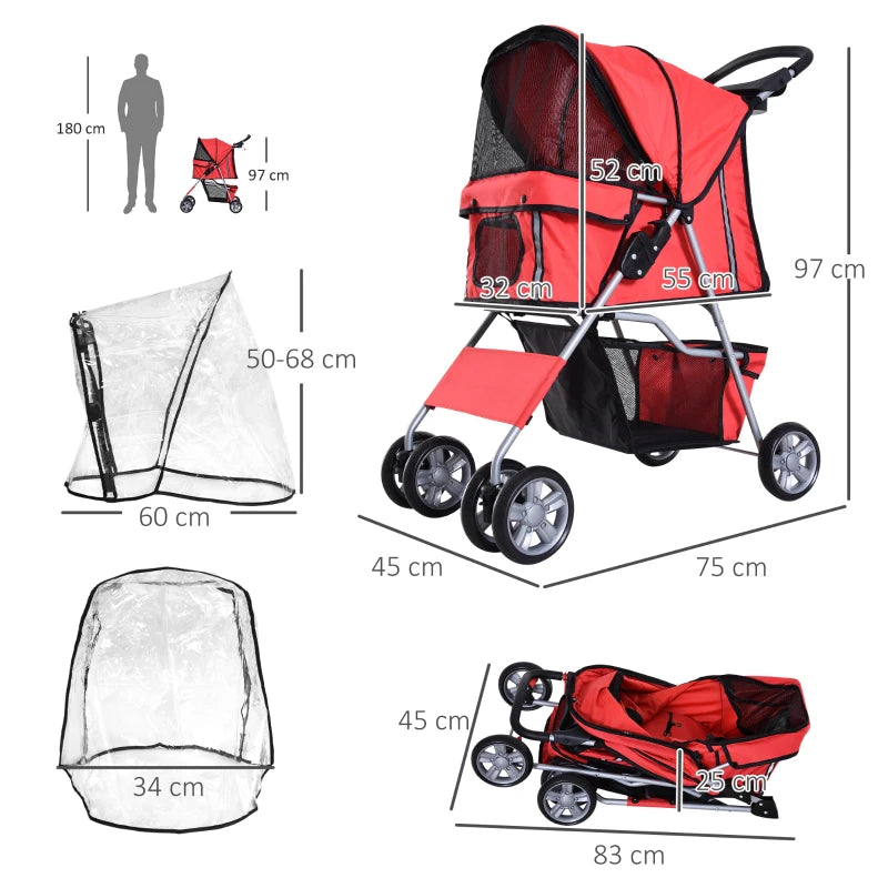 Red Dog Stroller with Rain Cover for Small Dogs