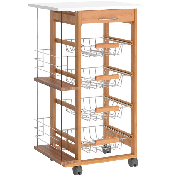 Brown Rolling Kitchen Cart with 4 Basket Drawers & Side Racks