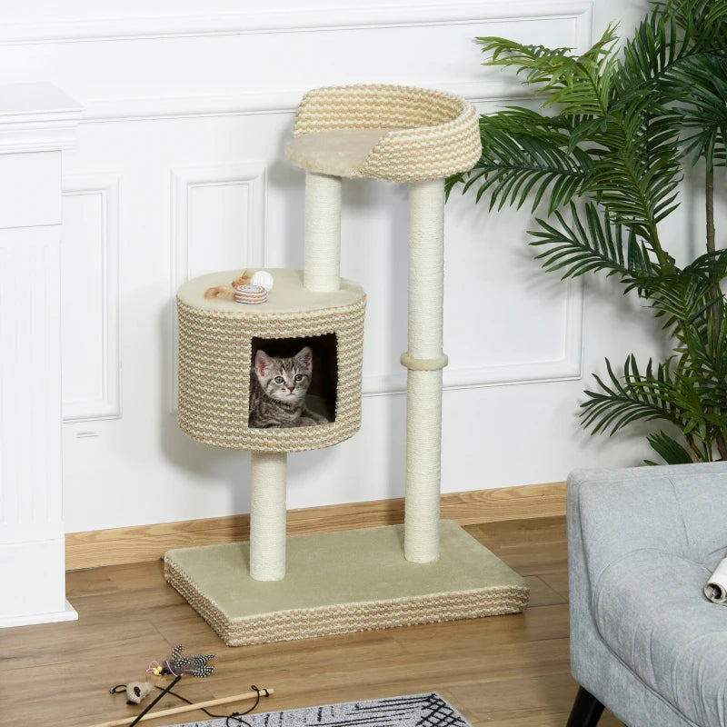 Beige Cat Tree Tower with Scratching Posts and Perch