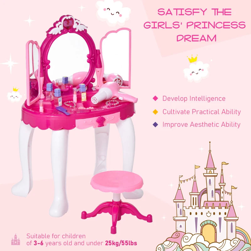 Fuchsia Kids Vanity Dressing Table Set with Lights and Music