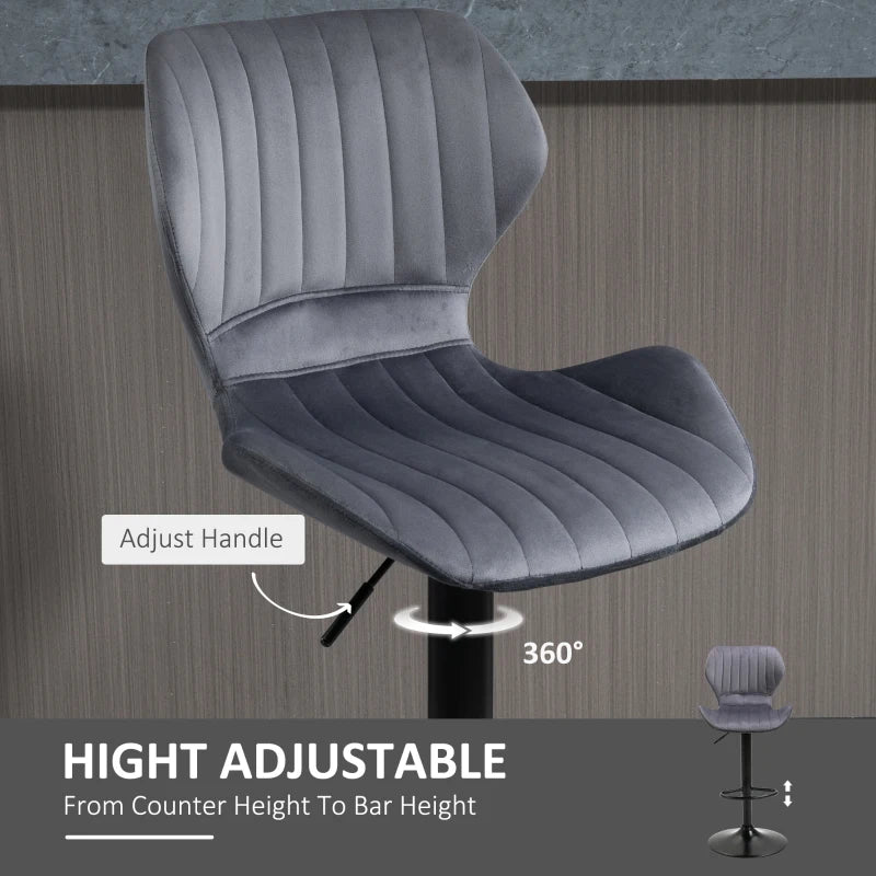 Grey Velvet Swivel Bar Stool Set of 2 - Adjustable Height Counter Chairs with Footrest